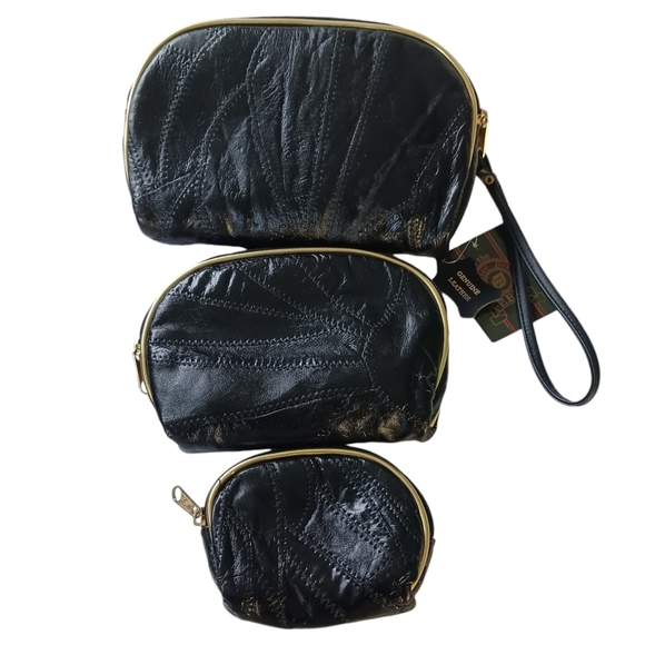 Set of 5 Vintage Feene Bags Cosmetic Coin Pouch Travel Jewlery Black Leather - Picture 2 of 5